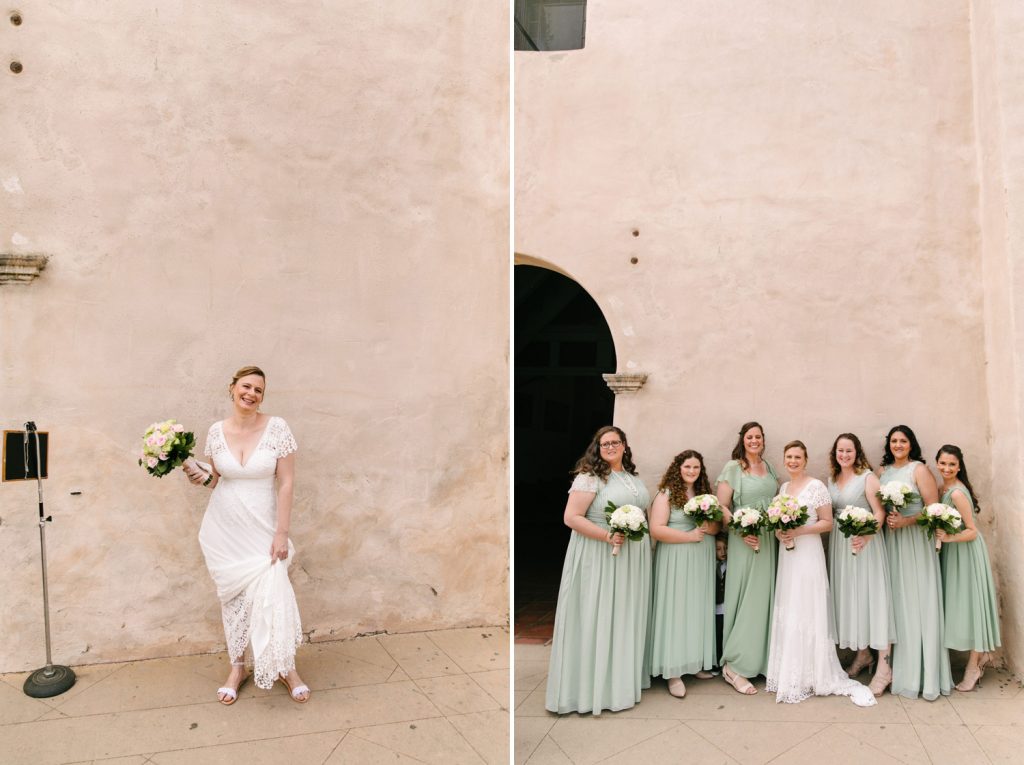 bride and bridesmaids together at San Gabriel Mission