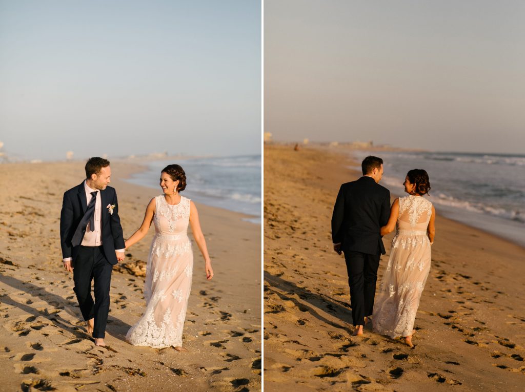 Bride and groom walking on Beach in OC