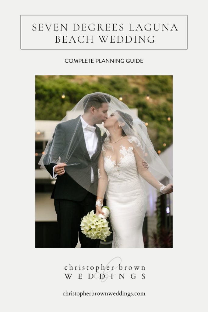 Bride and groom sharing a kiss underneath bride's sheer veil; image overlaid with text that reads Seven Degrees Laguna Beach Wedding Complete Planning Guide
