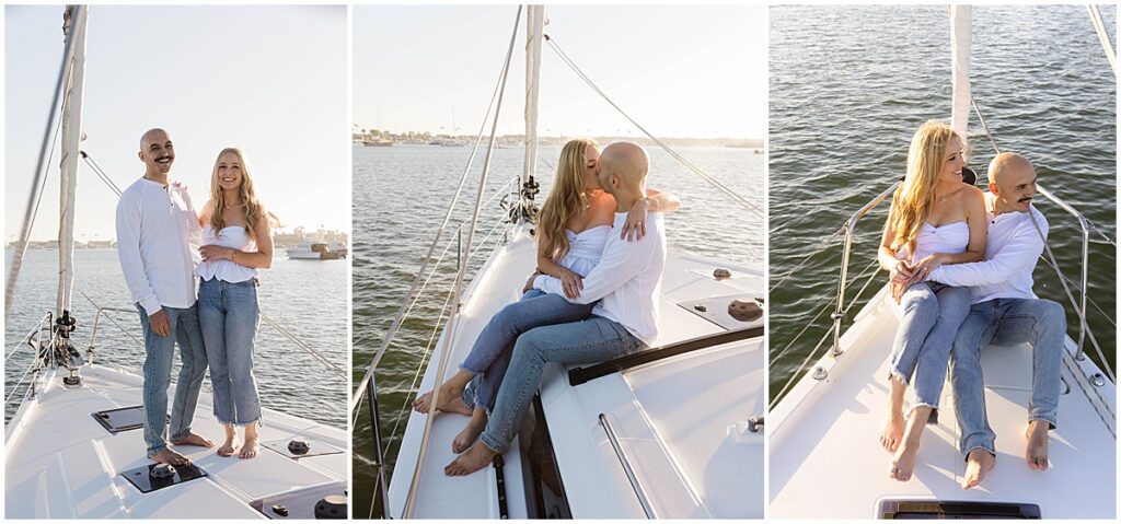 Couple on a sailboat wearing white tops and jeans on a sailboat at Newport Beach