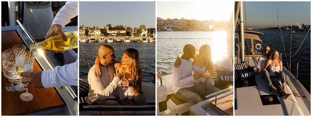 Couple on a sailboat at Newport beach and pouring champagne for engagement photos