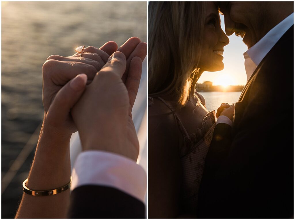 Golden hour engagement session, close up of the engagement ring glistening in the sun, couple with faces together as the sun sets between them