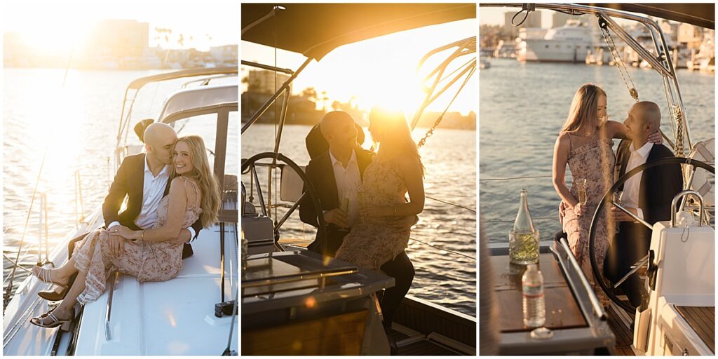 Couple drinking champagne and posing on a boat for golden hour engagement photos at Newport Beach harbor