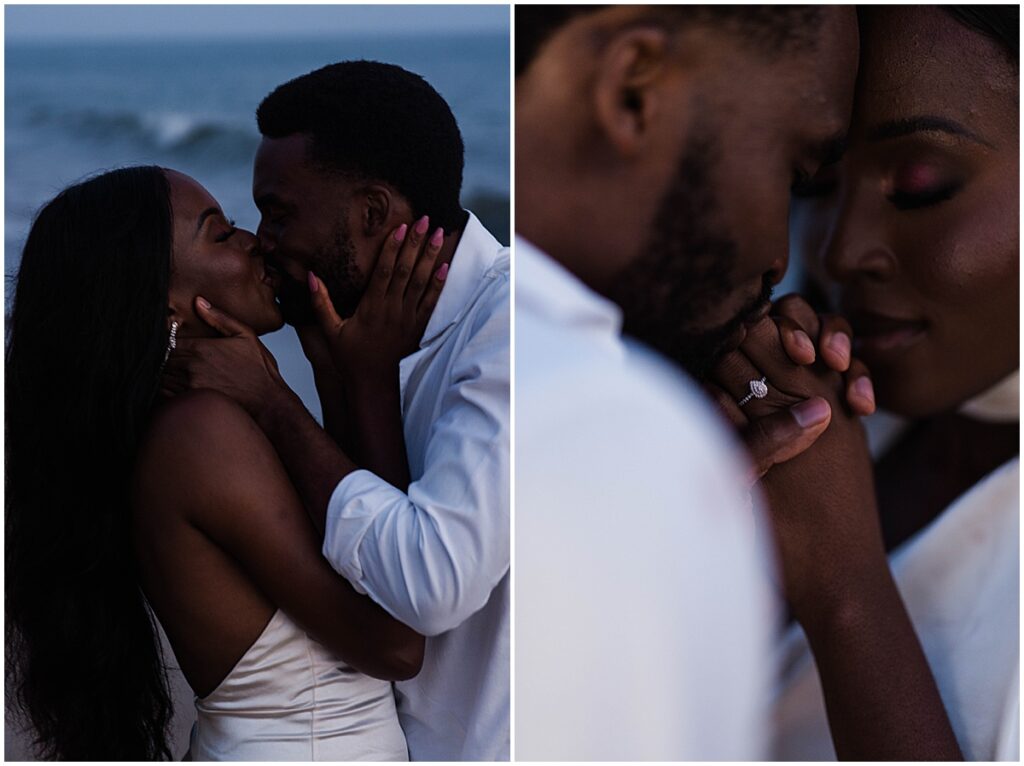 Close up of couple kissing at malibu engagement session at Will Rogers State beach