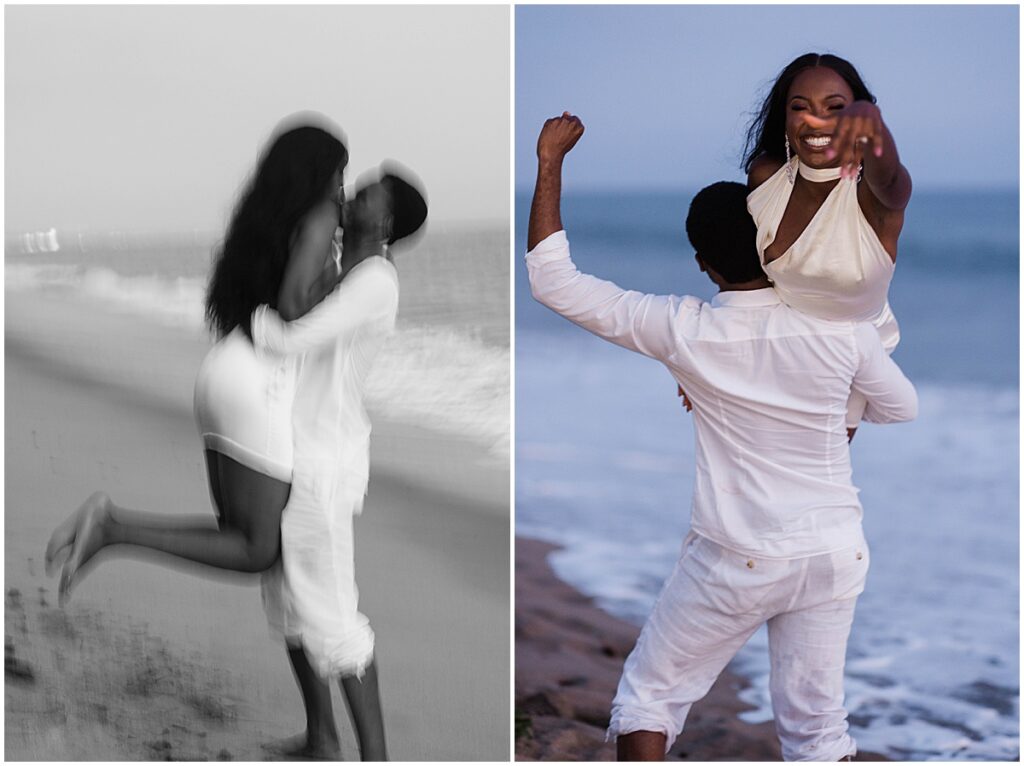 Man holding woman up in his arms at Malibu engagement session at Will Rogers State Beach