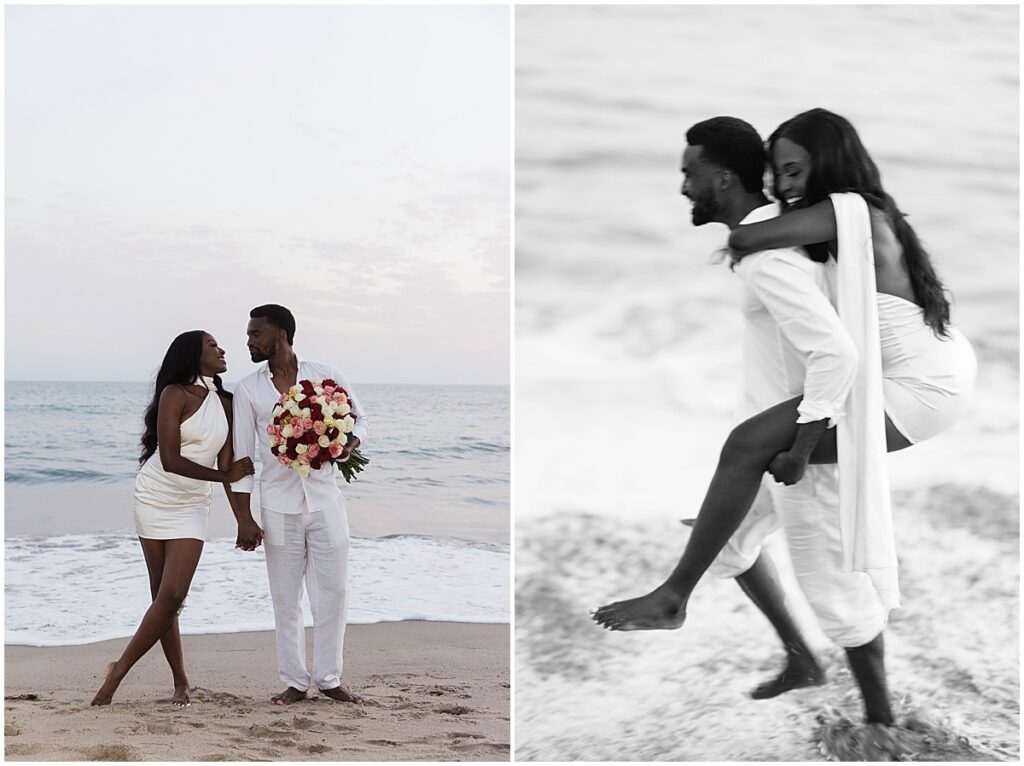 Couple on the beach and man giving woman a piggyback at Malibu engagement session