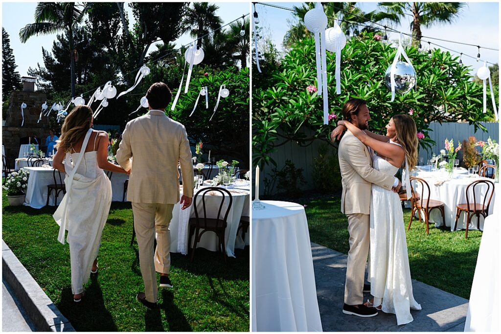 Bride and groom entering wedding reception in their back yard