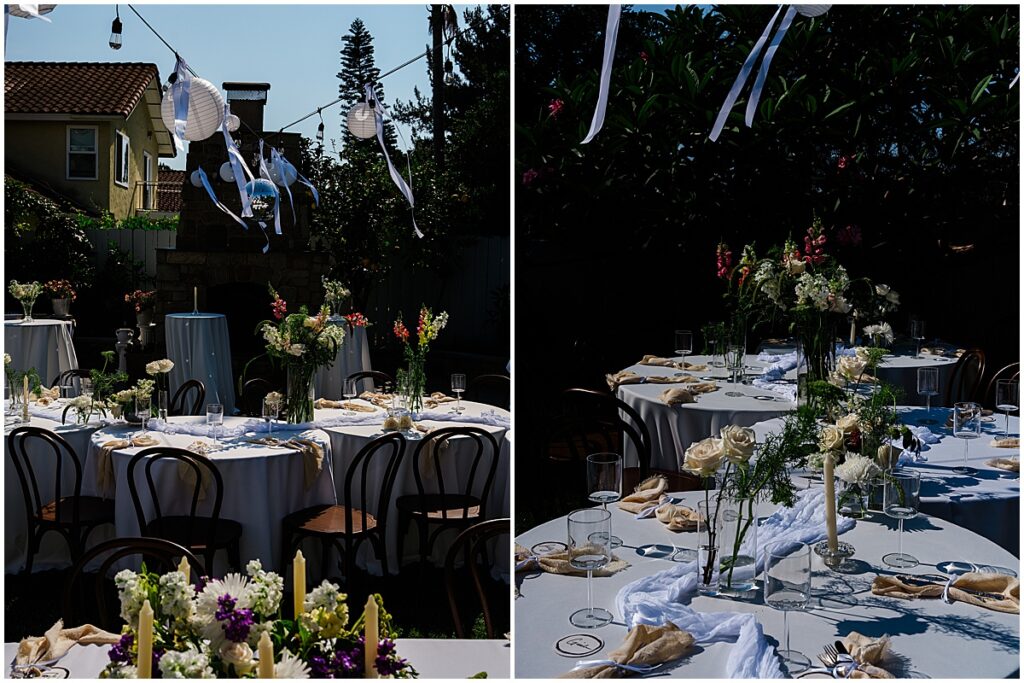 Wedding reception tables at backyard wedding in San Diego