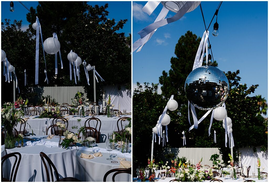 Wedding reception tables and decor at backyard wedding in San Diego