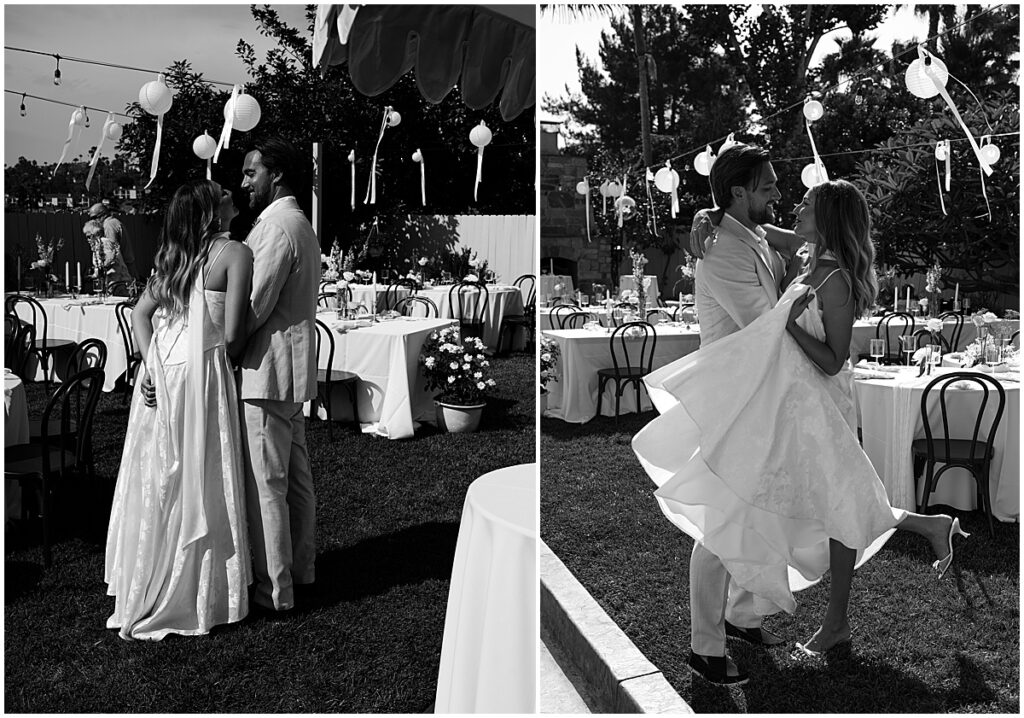 Bride and groom in front of wedding reception tables at backyard wedding