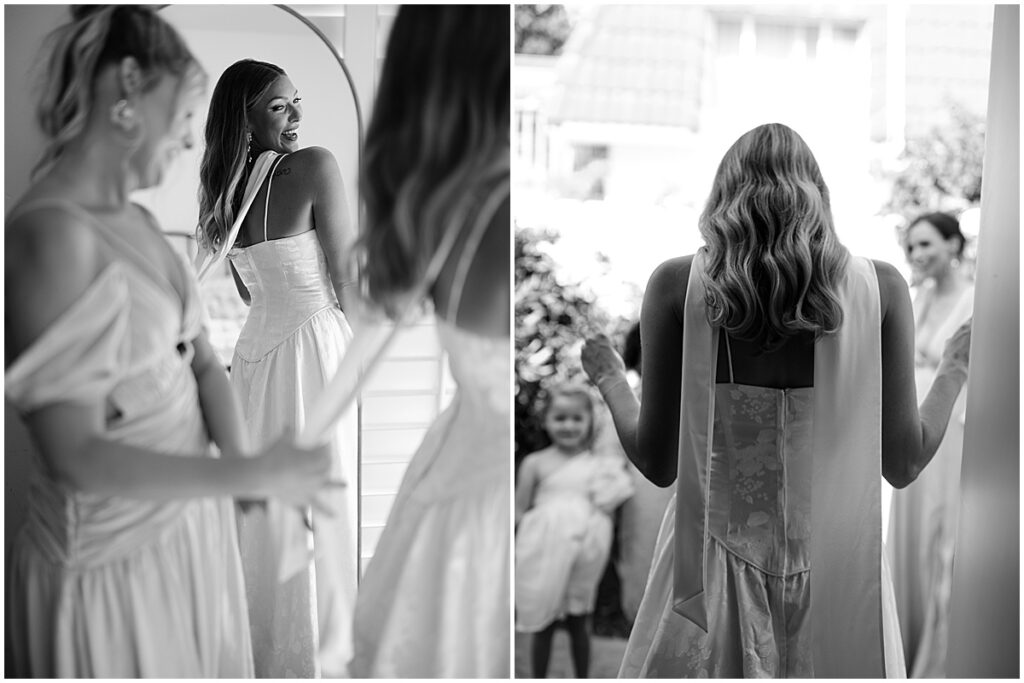 Bride getting ready and stepping out to greet guests