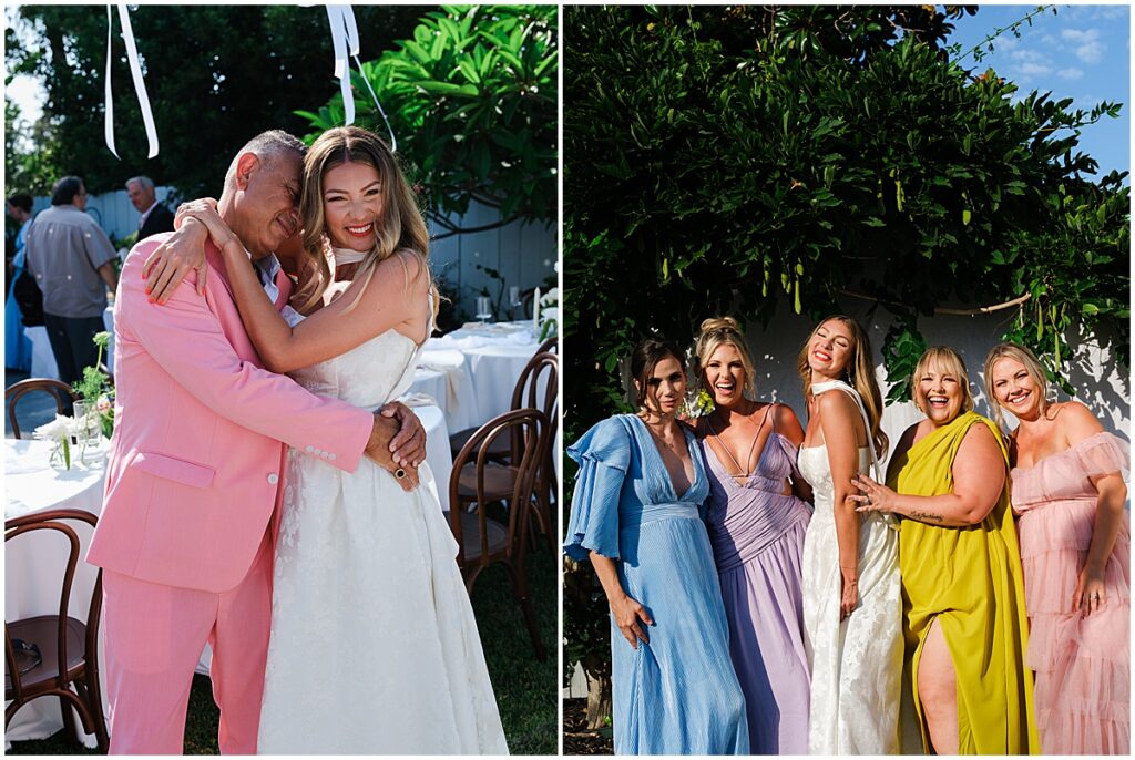 Wedding guests wearing colorful attire at Carlsbad back yard wedding