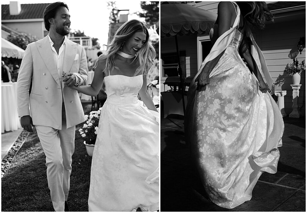 Bride and groom walking along holding hands and close up of brides dress