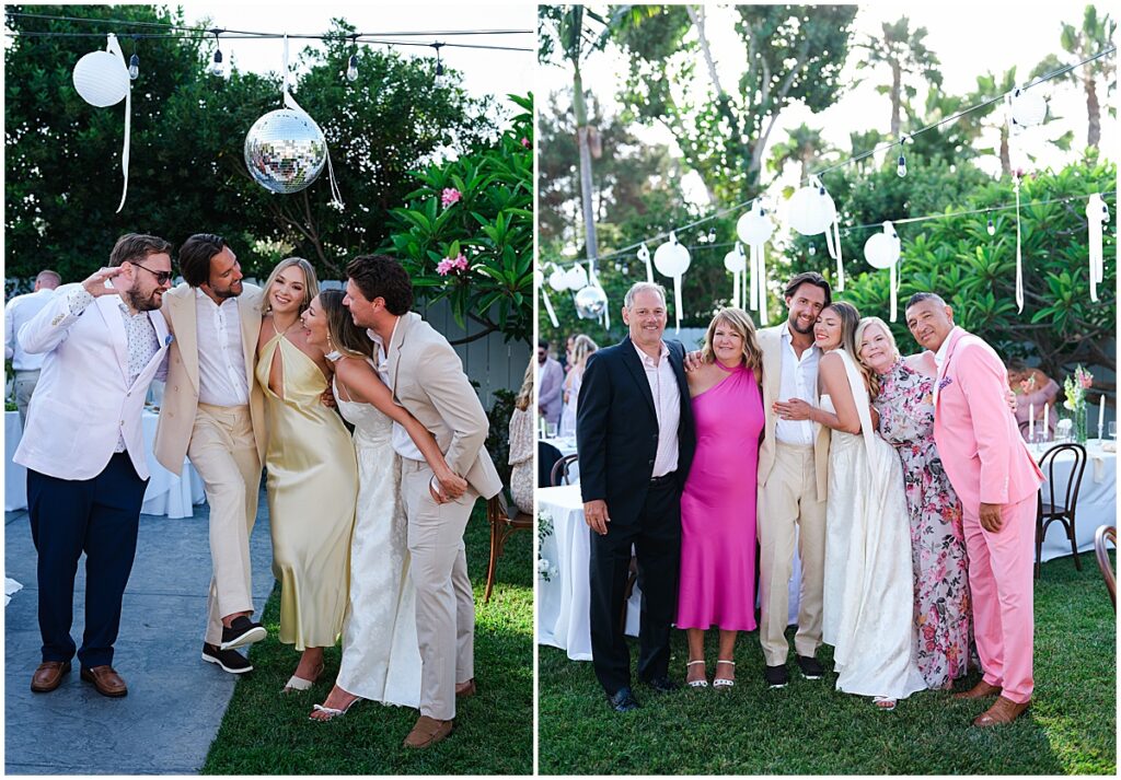 wedding guests wearing colorful attire at backyard wedding in Carlsbad, San Diego