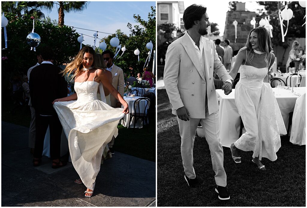 Bride and groom walking holding hands at San Diego backyard wedding