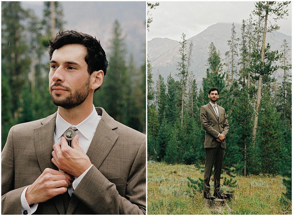 Groom adjusting bolo tie and standing on a tree stump at destination wedding Idaho