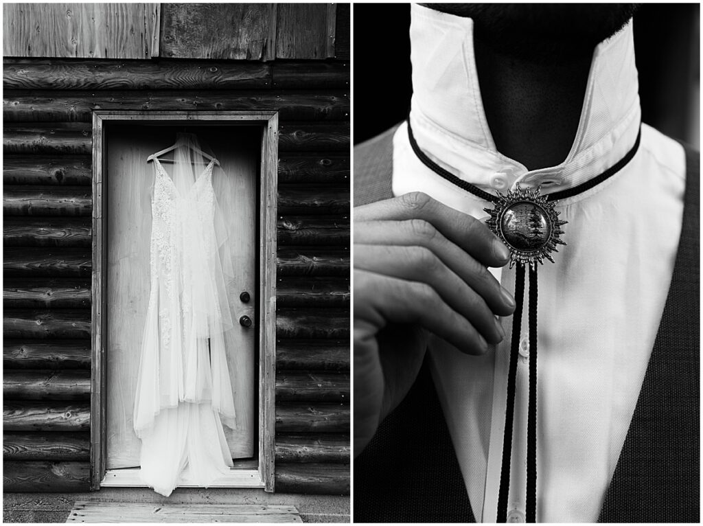 Wedding dress and bolo tie for Idaho destination wedding