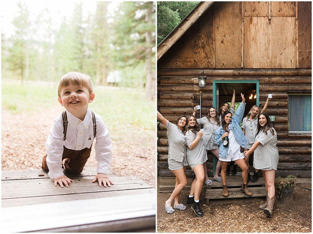 Young toddler and bride with bridesmaids outside rustic cabin for Idaho destination wedding