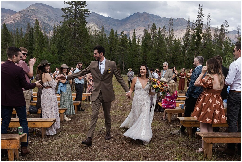 Bride and groom after wedding ceremony at Central Idaho 4-H Camp