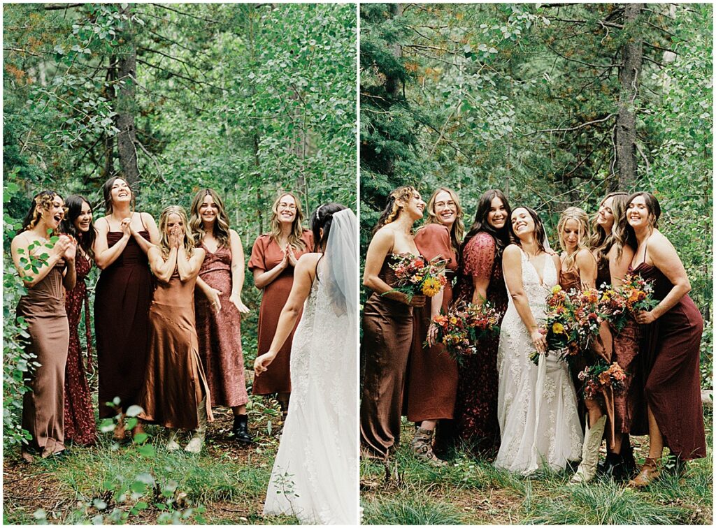 Bride with bridesmaids wearing rust and brown dresses at Central Idaho 4-H Camp