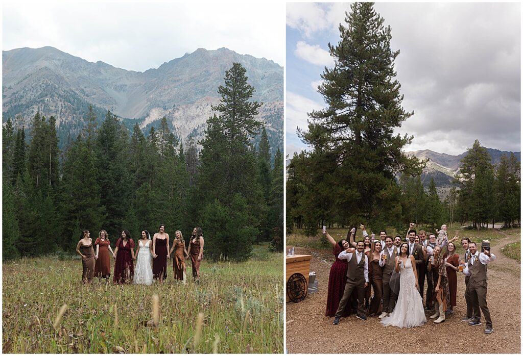 Bridal party portraits in the grounds of Central Idaho 4-H Camp, destination wedding Idaho