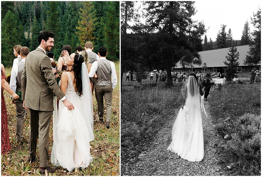 Bride and groom walking towards wedding reception at Central Idaho 4-H Camp