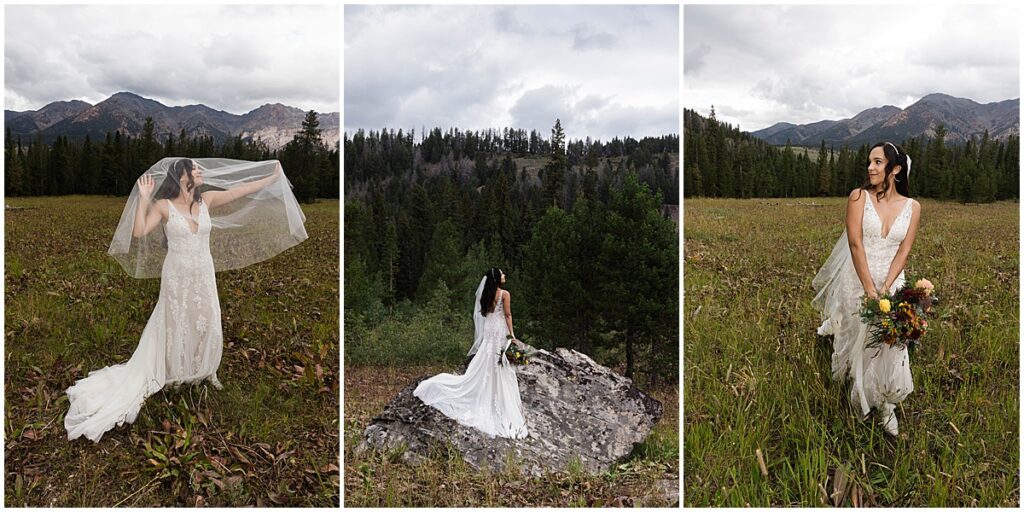 Bridal portraits in the grounds of Central Idaho 4-H Camp, destination wedding in Idaho