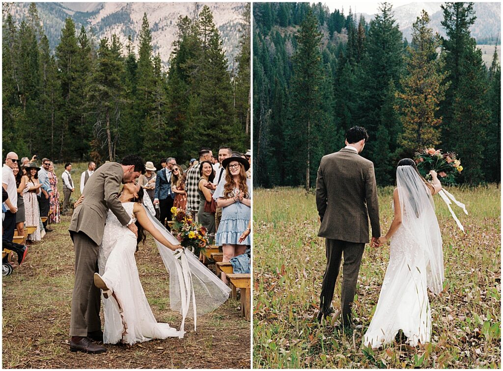 Bride and groom kissing after wedding ceremony and walking towards forest at Central Idaho 4-H Camp wedding