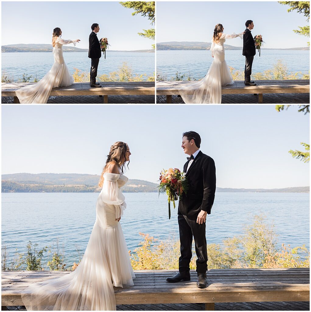 Bride and groom first look at Lakeside Coeur d’Alene wedding