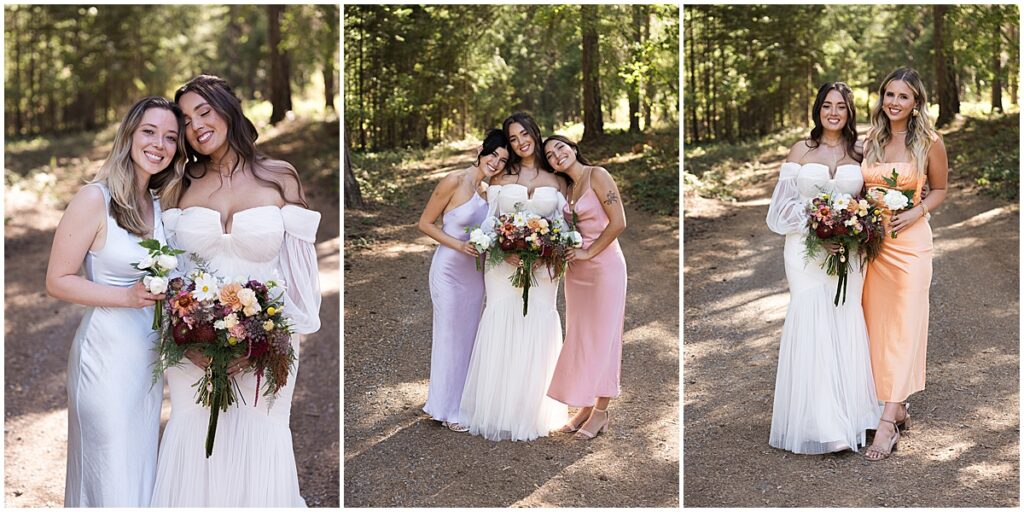 Bride with bridesmaids in pastel colored dresses in forest area