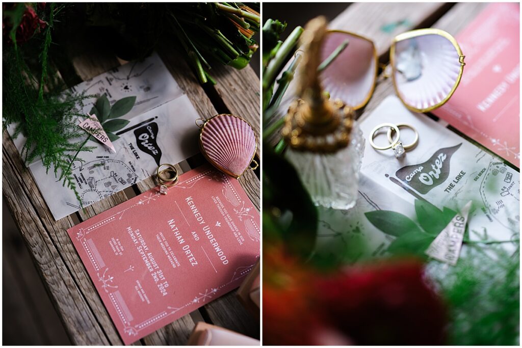 wedding details including rings, shell and invitations