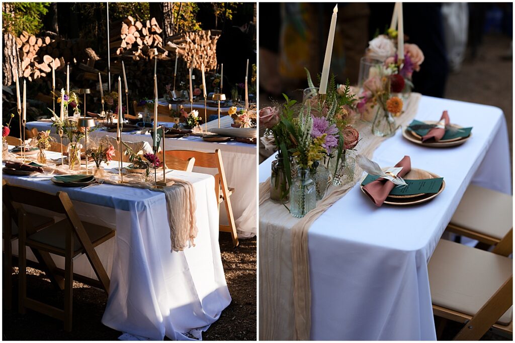 Wedding reception decor with wildflowers long taper candles and feathers