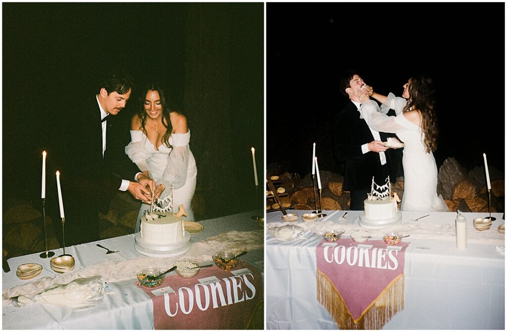 Bride and groom cutting cake and feeding each other