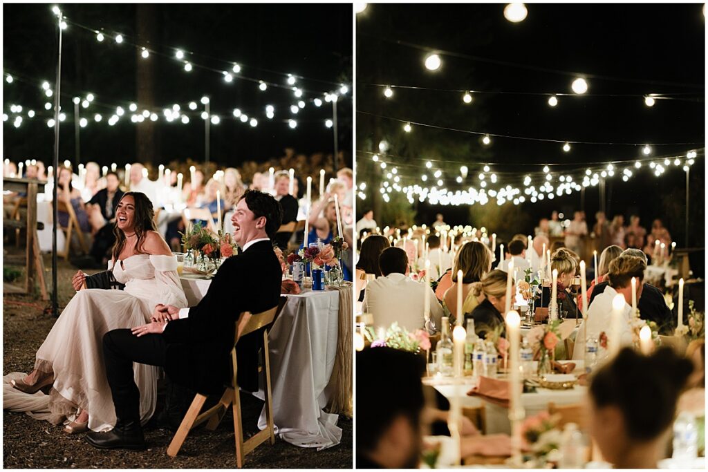 outdoor wedding reception with market lights and candles