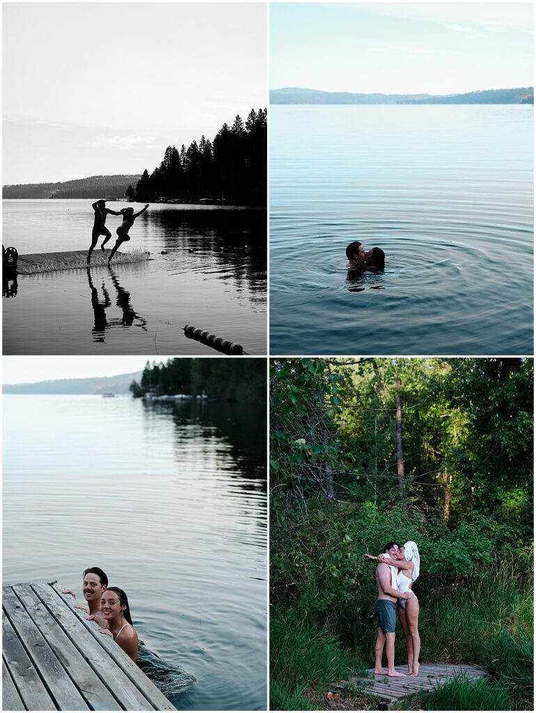 Couple jumping in the lake at Coeur D'Alene