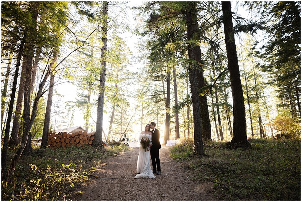 Bride and groom in forest area at Coeur D'Alene