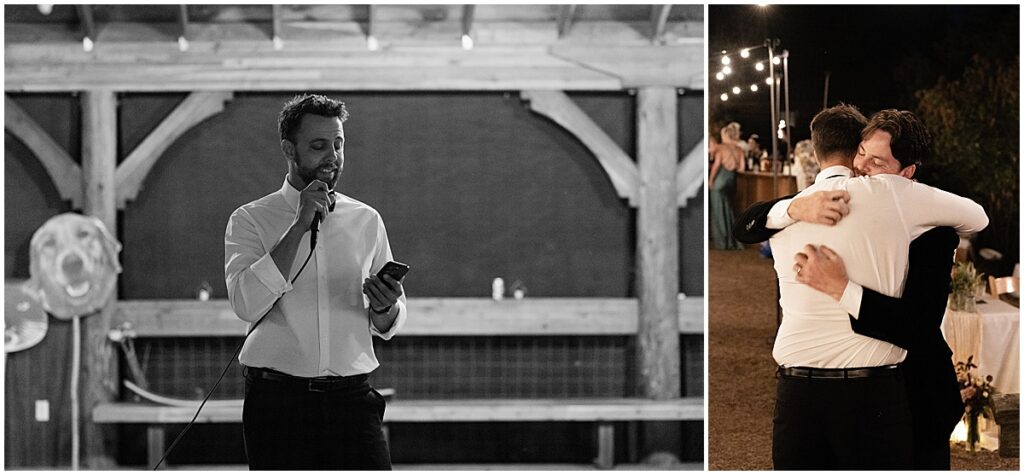 man giving a wedding speeches and men hugging at Coeur D'Alene wedding reception