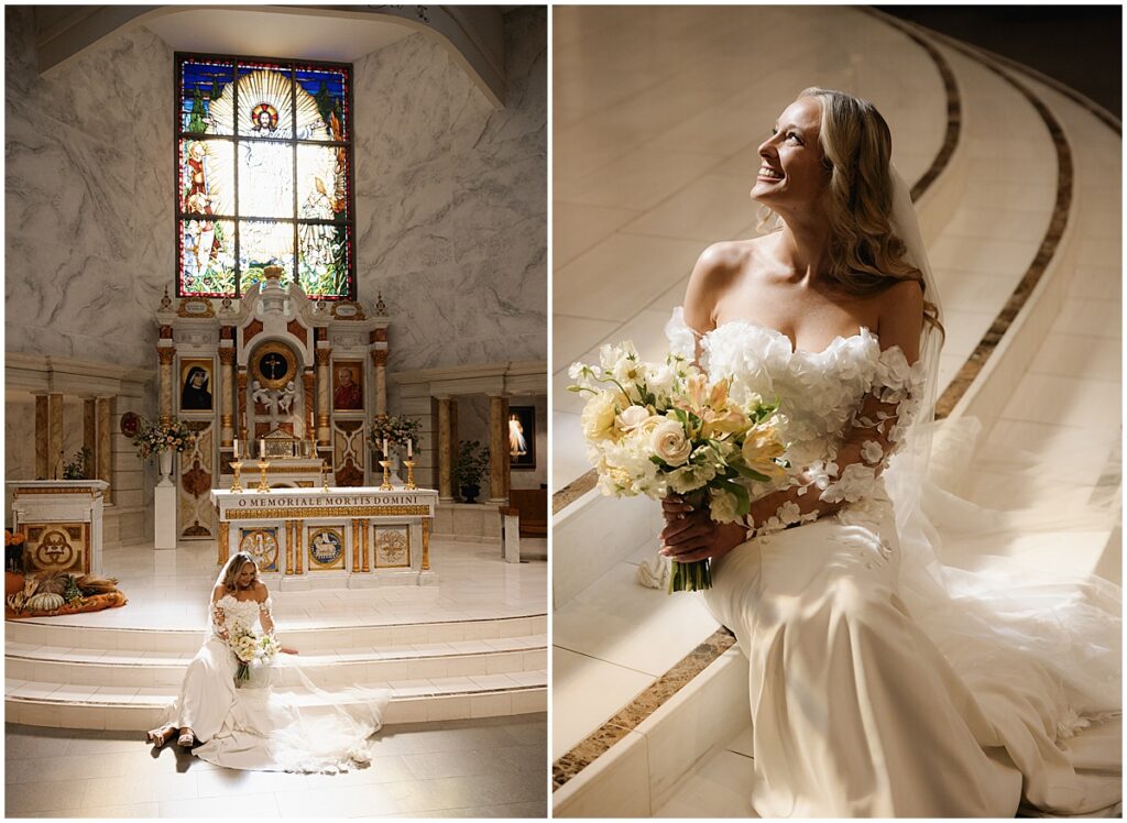 Bride sitting on the steps of the church alter at St. Martin De Porres Church in Yorba Linda.