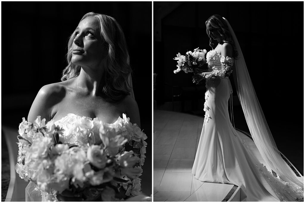 Bride holding flroals in black and white shots at St. Martin De Porres Church in Yorba Linda.