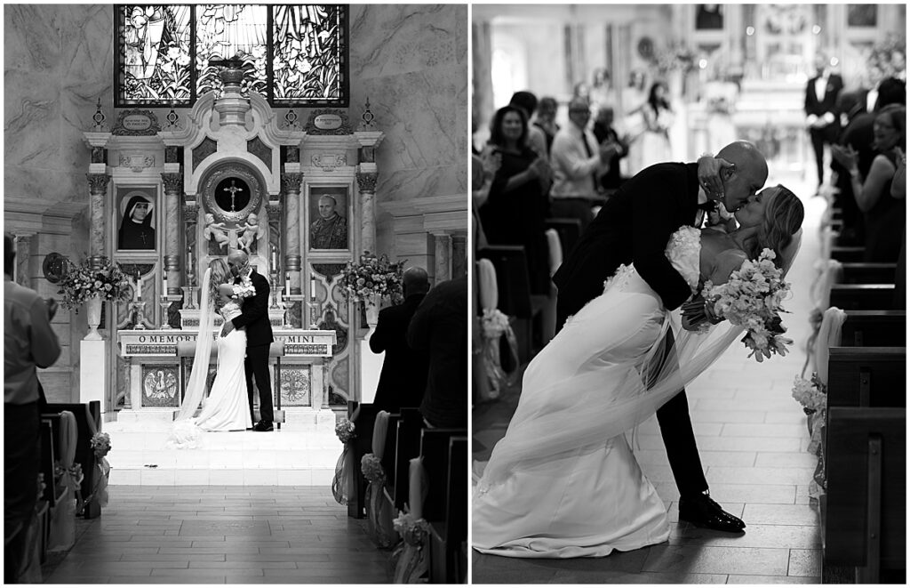 Bride and groom kissing after wedding ceremony at St. Martin De Porres Church in Yorba Linda.