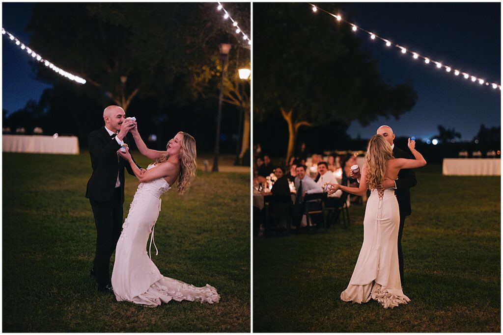 Wedding couple feeding each other cake and first dance.