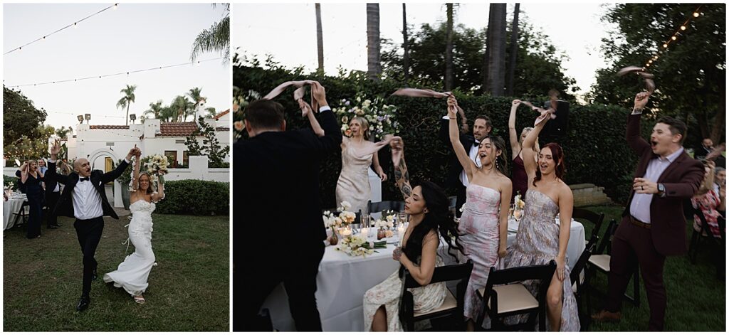 bride and groom entering the wedding reception and bridal party waving napkins in the air