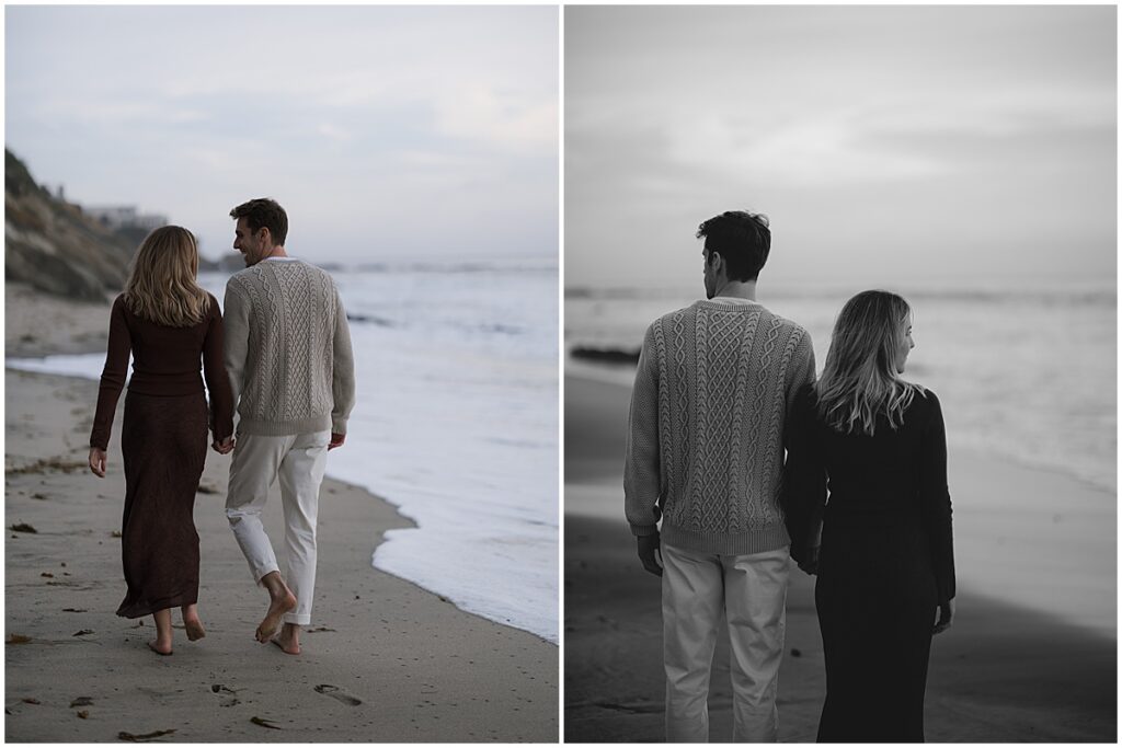 Couple walking along and looking out to the ocean at Laguna beach engagement session