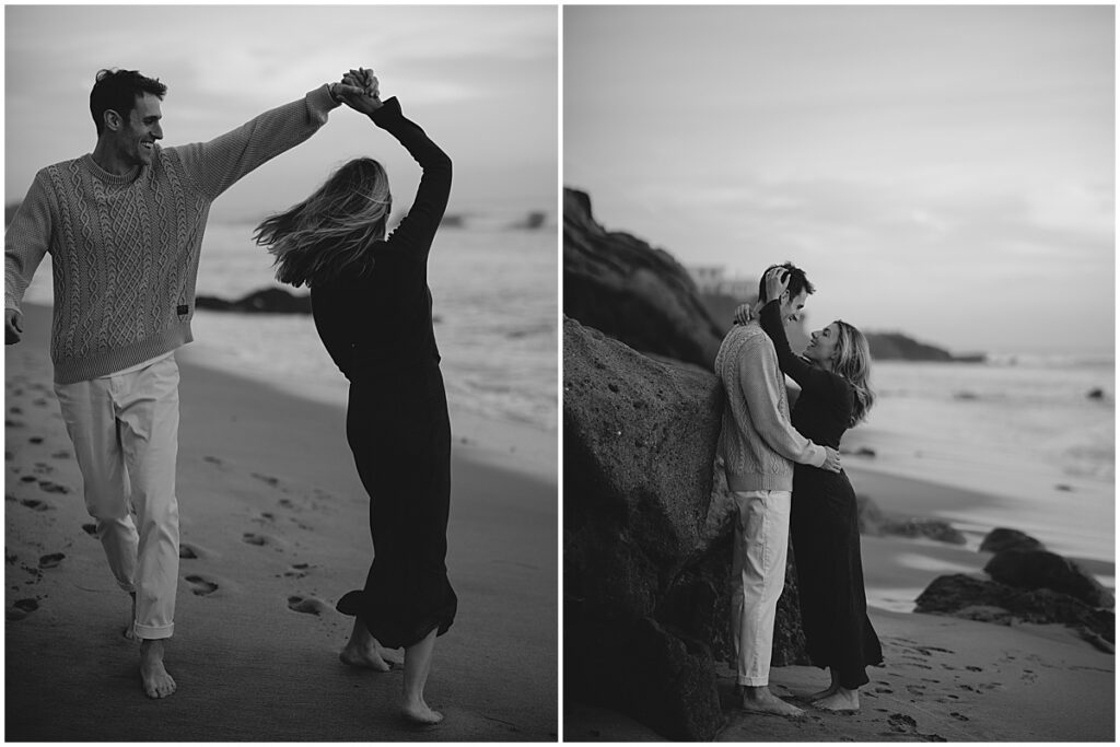 couple dancing and kissing on the beach for engagement session at Laguna Beach