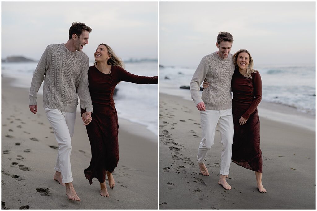 couple walking along beach hand in hand and arm in arm at Laguna beach engagement session