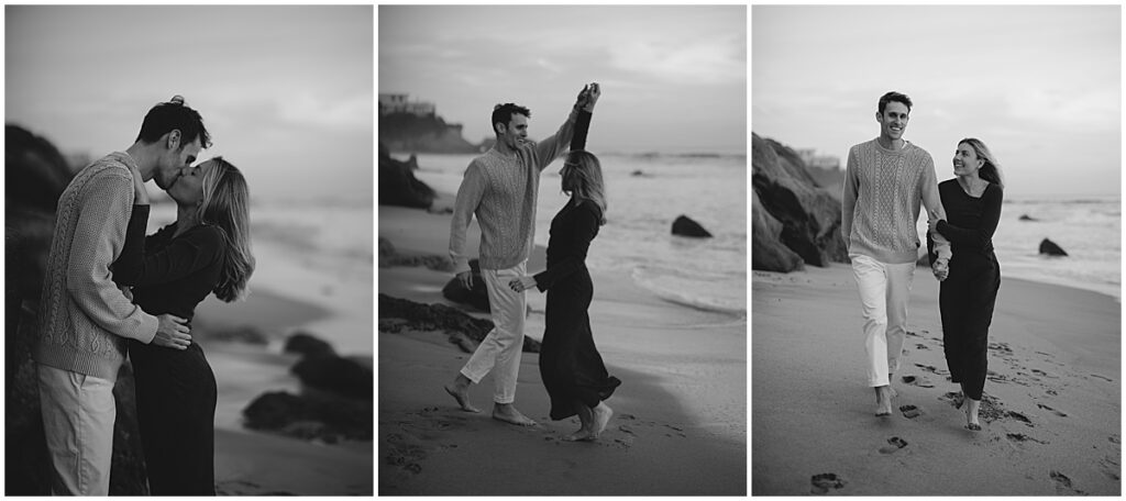 couple walking along, kissing and dancing at Laguna beach for engagement session