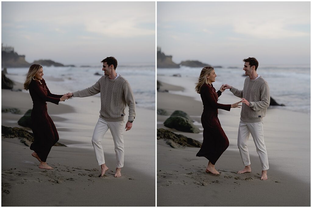 couple dancing on the beach for engagement session at Laguna Beach