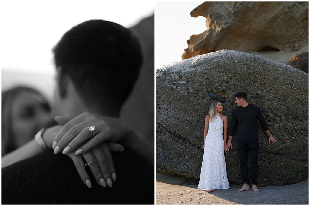 couple wearing black and white outfits near large rocks at Treasure Island Beach