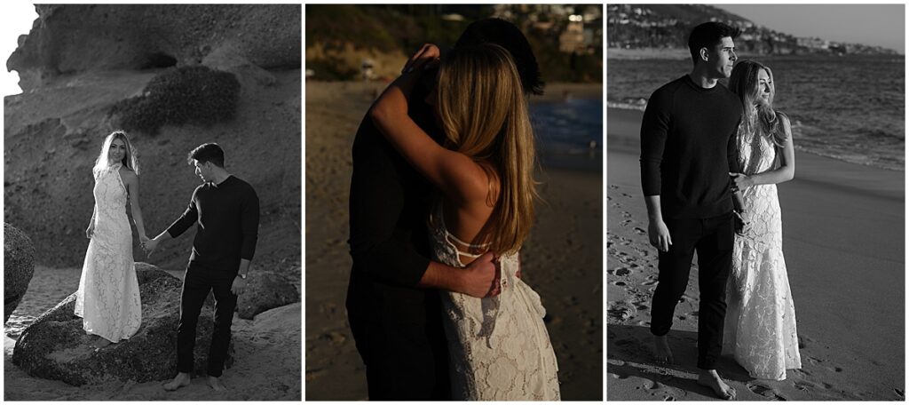 Couple walking along and standing on rocks at Treasure Island beach for Laguna Beach engagement photos