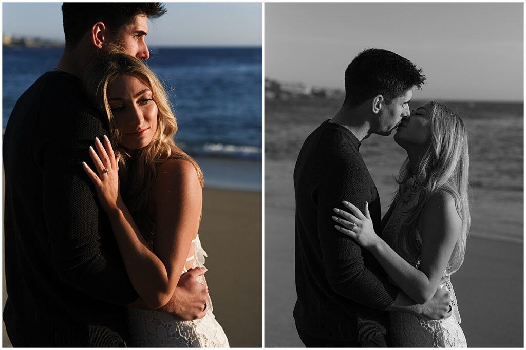 Couple kissing for engagement photos at treasure island beach